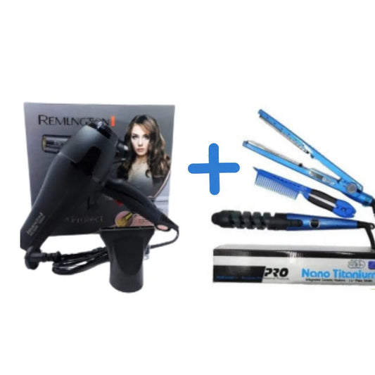 Combo Secador Cabello Remington 2003 + Combo Nano Titanium Plancha, peine y Rizador