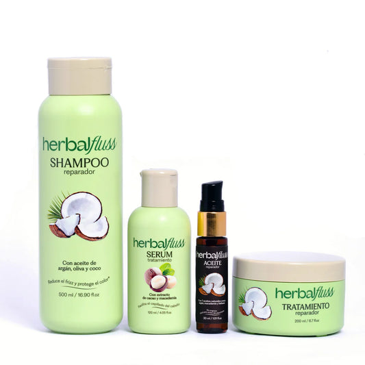 Sistema completo de reparación intensiva Bendito Frizz con 5 productos, incluyendo shampoo, tratamiento, serum, aceite y ampolleta.